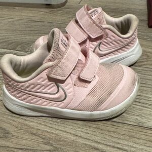 Nike Kids Pink Velcro Mesh Sneakers with Silver Swoosh